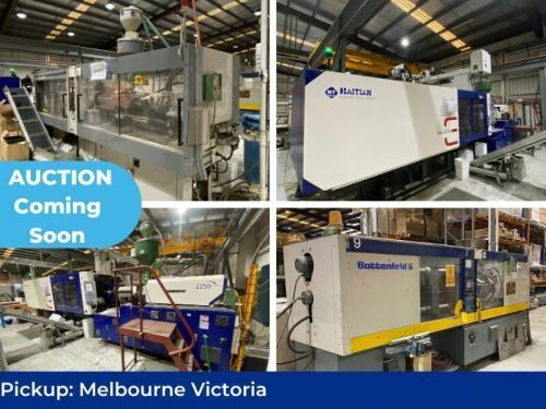 Mostly Unreserved Plastic Injection Moulders Auction -  8 Injection Moulding Machines from 120T to 550T, Austin Overhead Crane and General Equipment